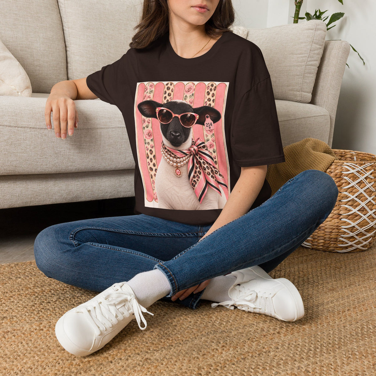 Retro Stylish Sheep T-Shirt — Pink Sunglasses & Polka-Dot Scarf Graphic