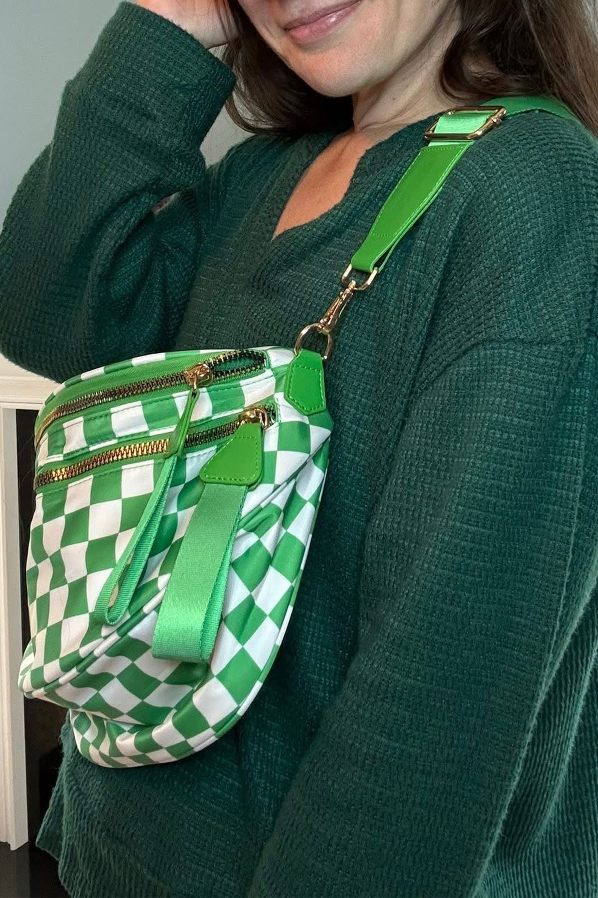 Chestnut Checkered Print Wide Strap Large Crossbody Bag