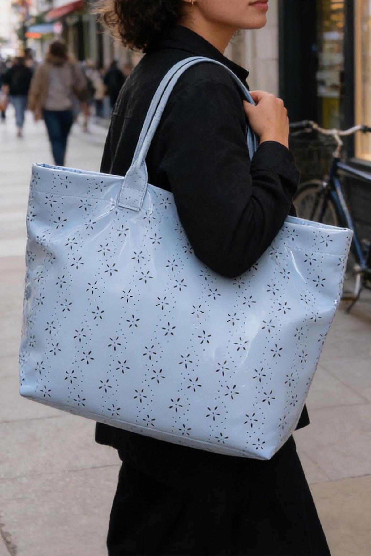 Orchid Eyelet Flower Pattern PVC Glossy Waterproof Tote Bag