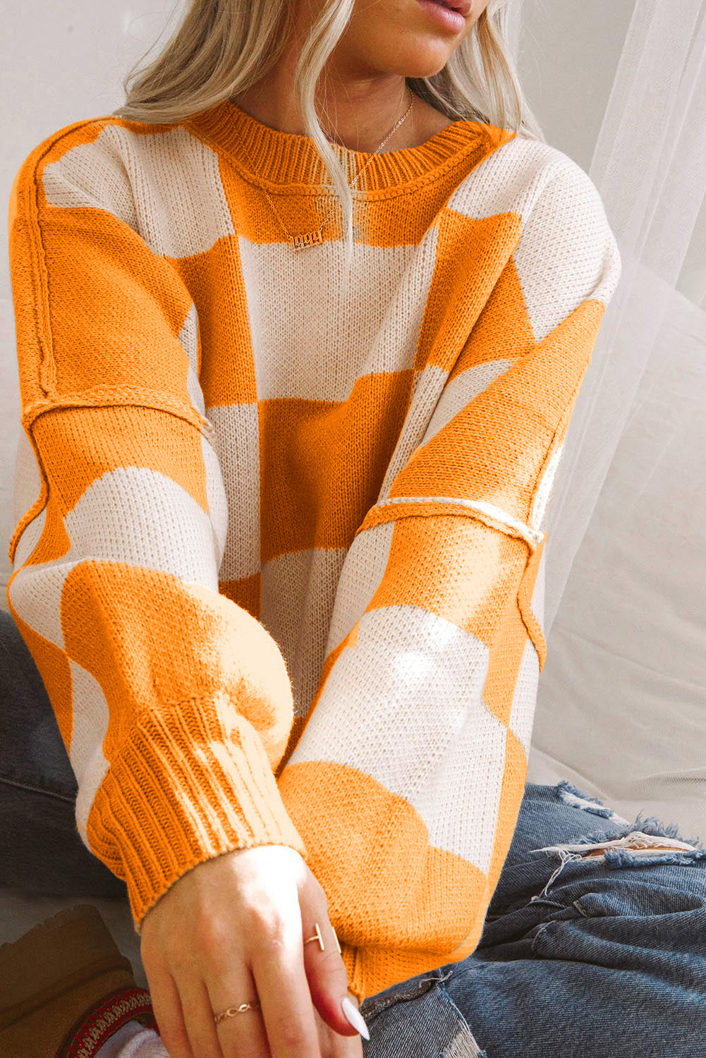 Fiery Red Checkered Bishop Sleeve Sweater