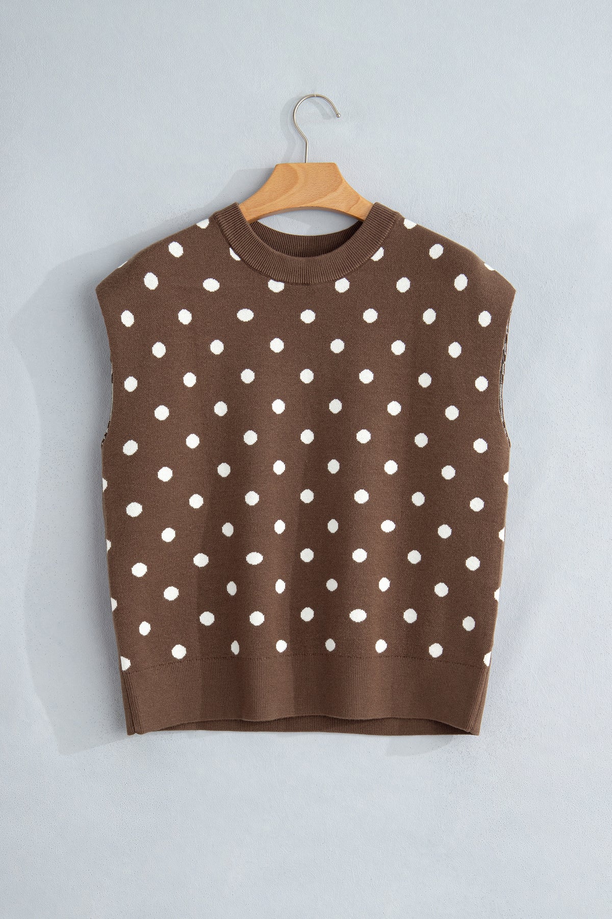 Brown Dolman Short Sleeve Round Neck Polka Dot Sweater