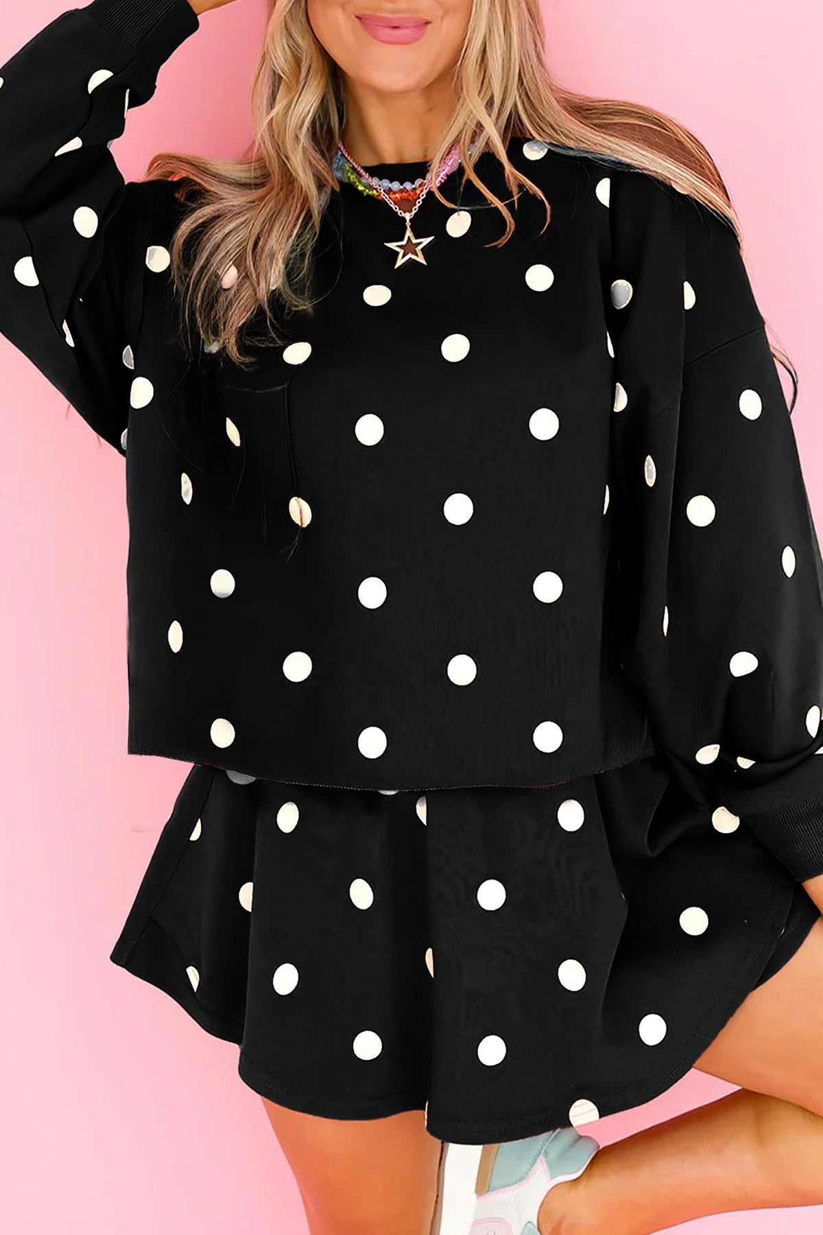 Brown Polka Dot Raw Hem Relaxed Pullover Loose Skort Two Piece Set