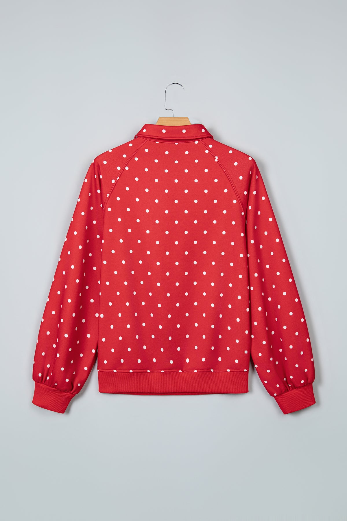 Pink Polka Dot Print Metal Button Collar Casual Pullover Sweatshirt