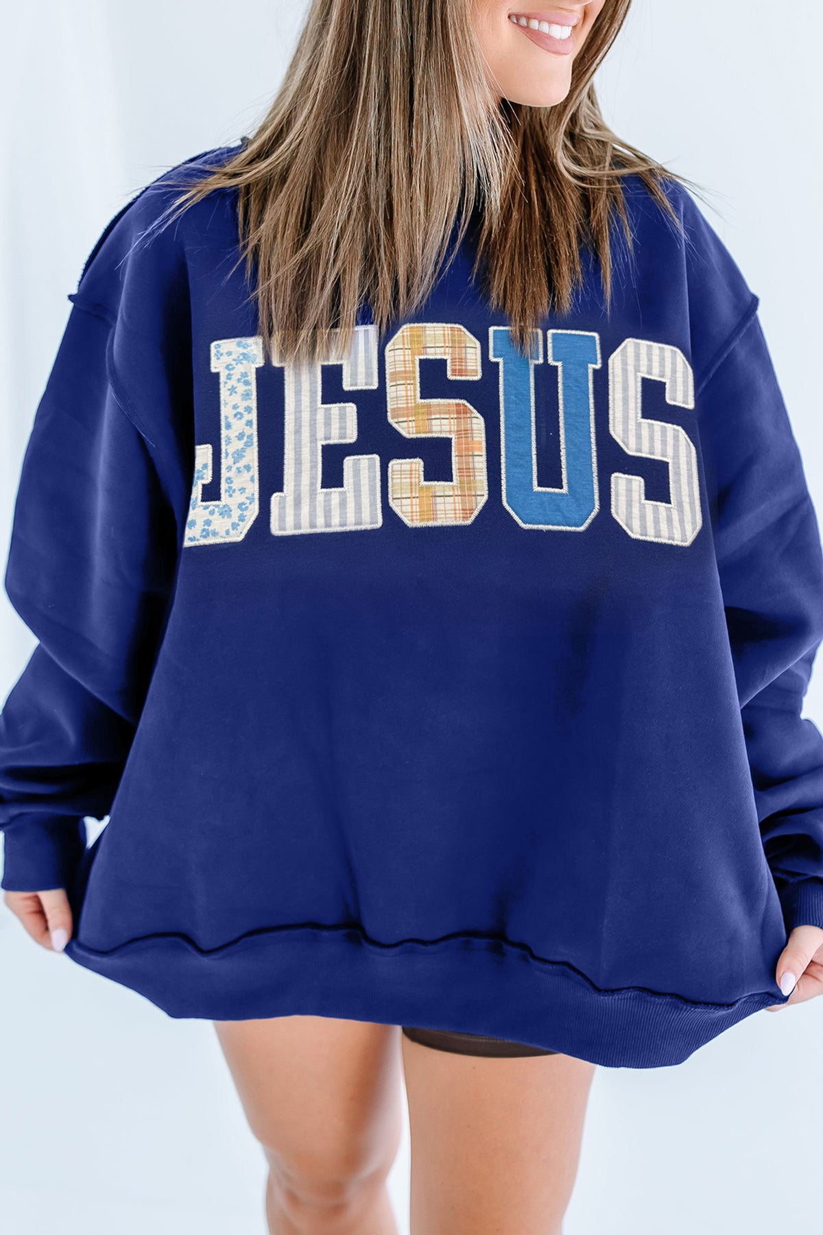 Coffee WWJD Mixed Pattern Embroidered Patch Graphic Mock Neck Sweatshirt