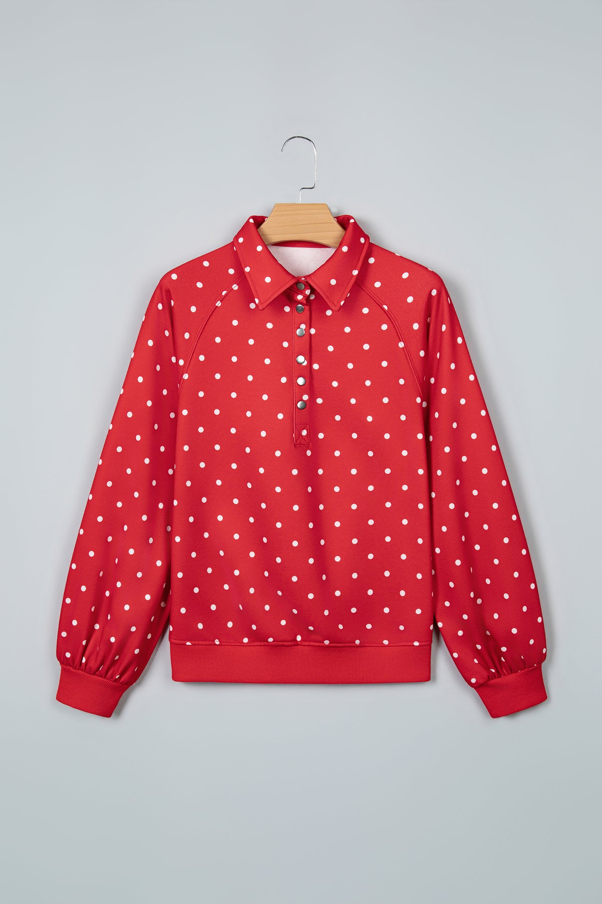 Pink Polka Dot Print Metal Button Collar Casual Pullover Sweatshirt