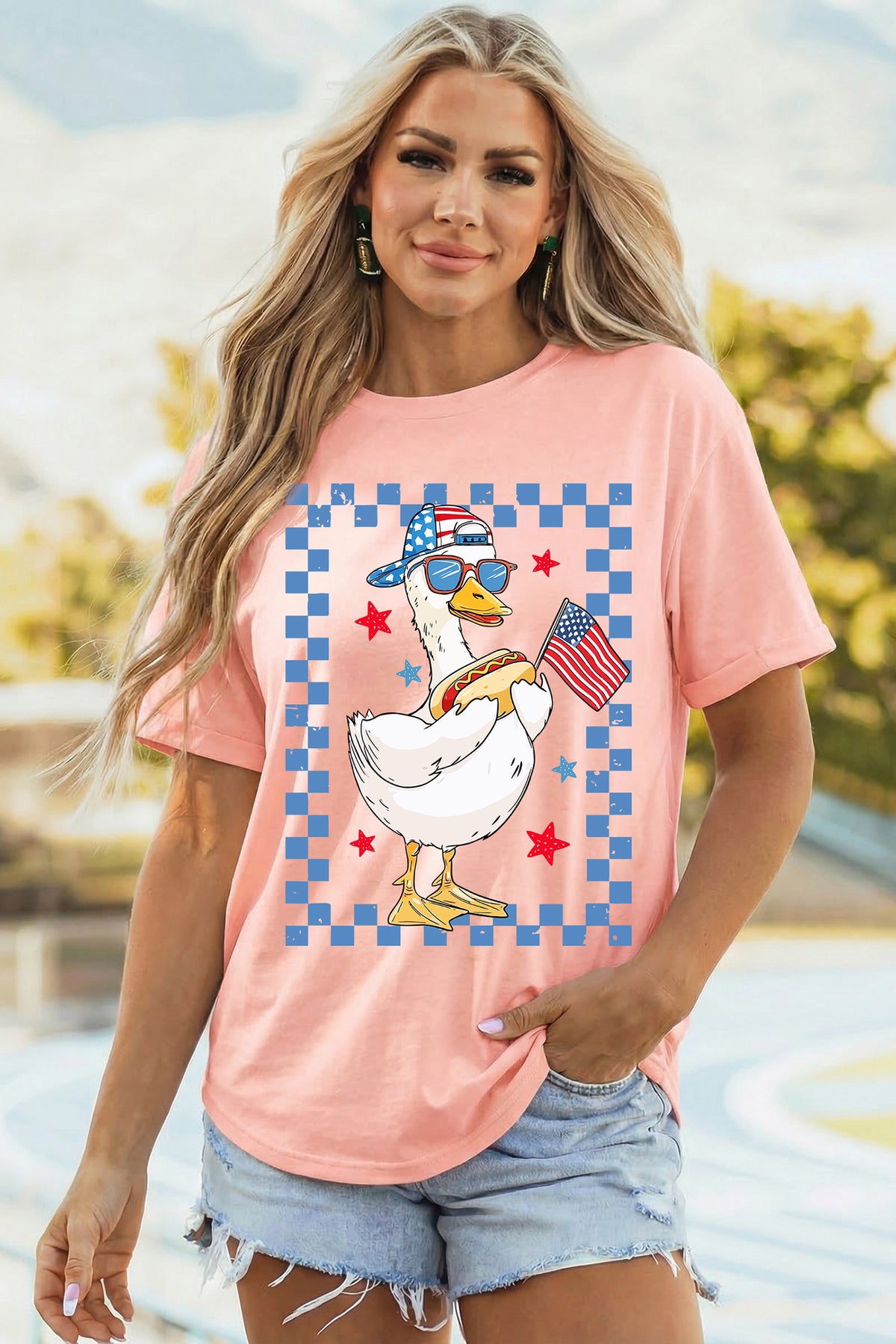 Pink America Goose 4th Of July Patriotic Flag Graphic T Shirt