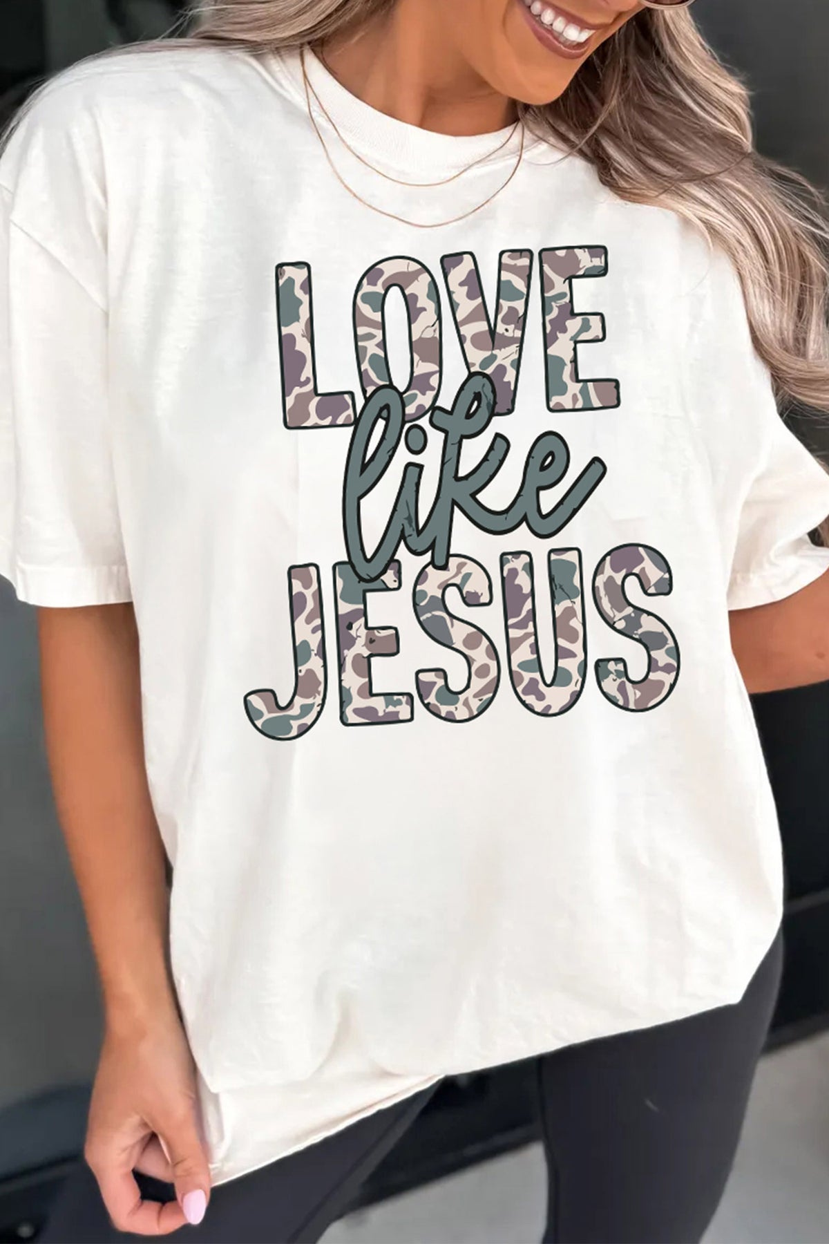 White Camo Letter Print Short Sleeve Casual T-Shirt
