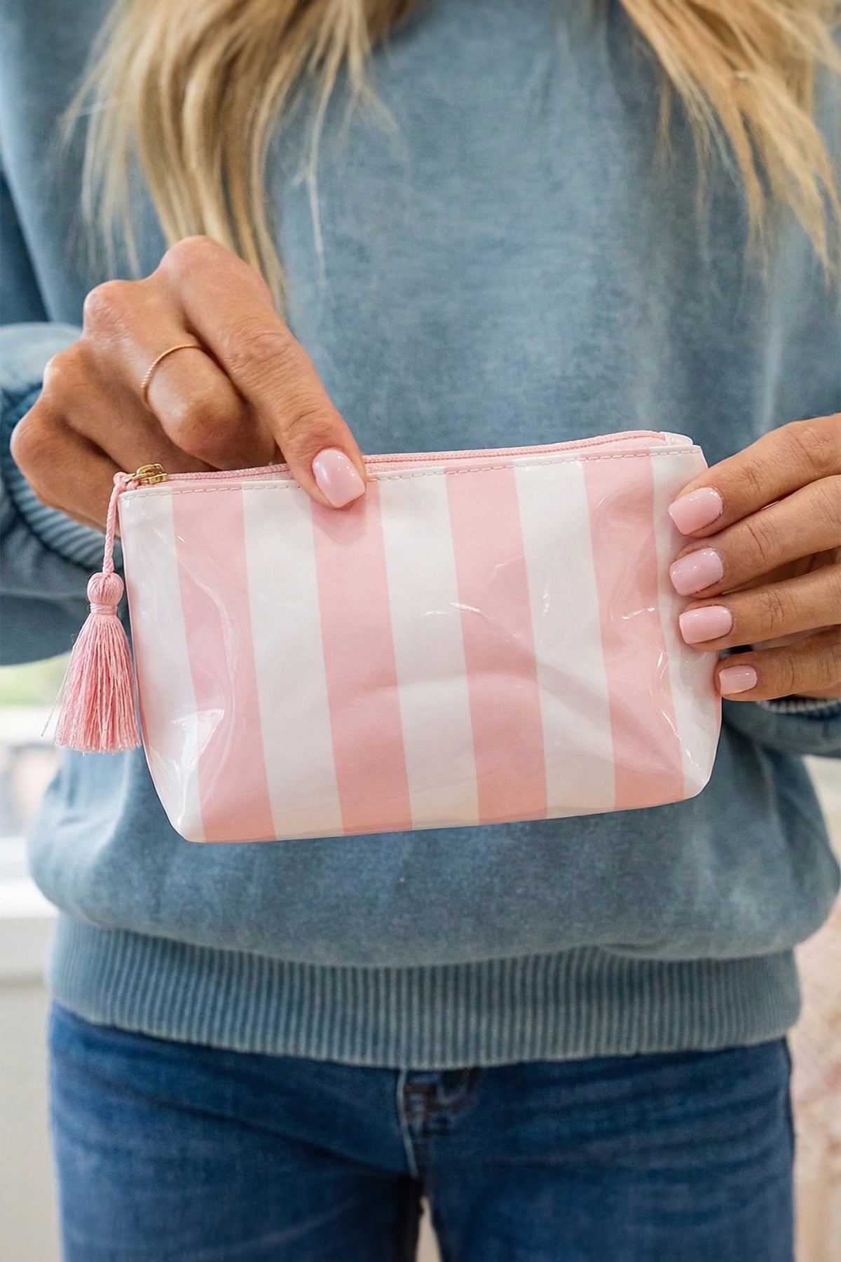 Dark Green Striped Vinyl Waterproof Tassel Zipper Makeup Bag