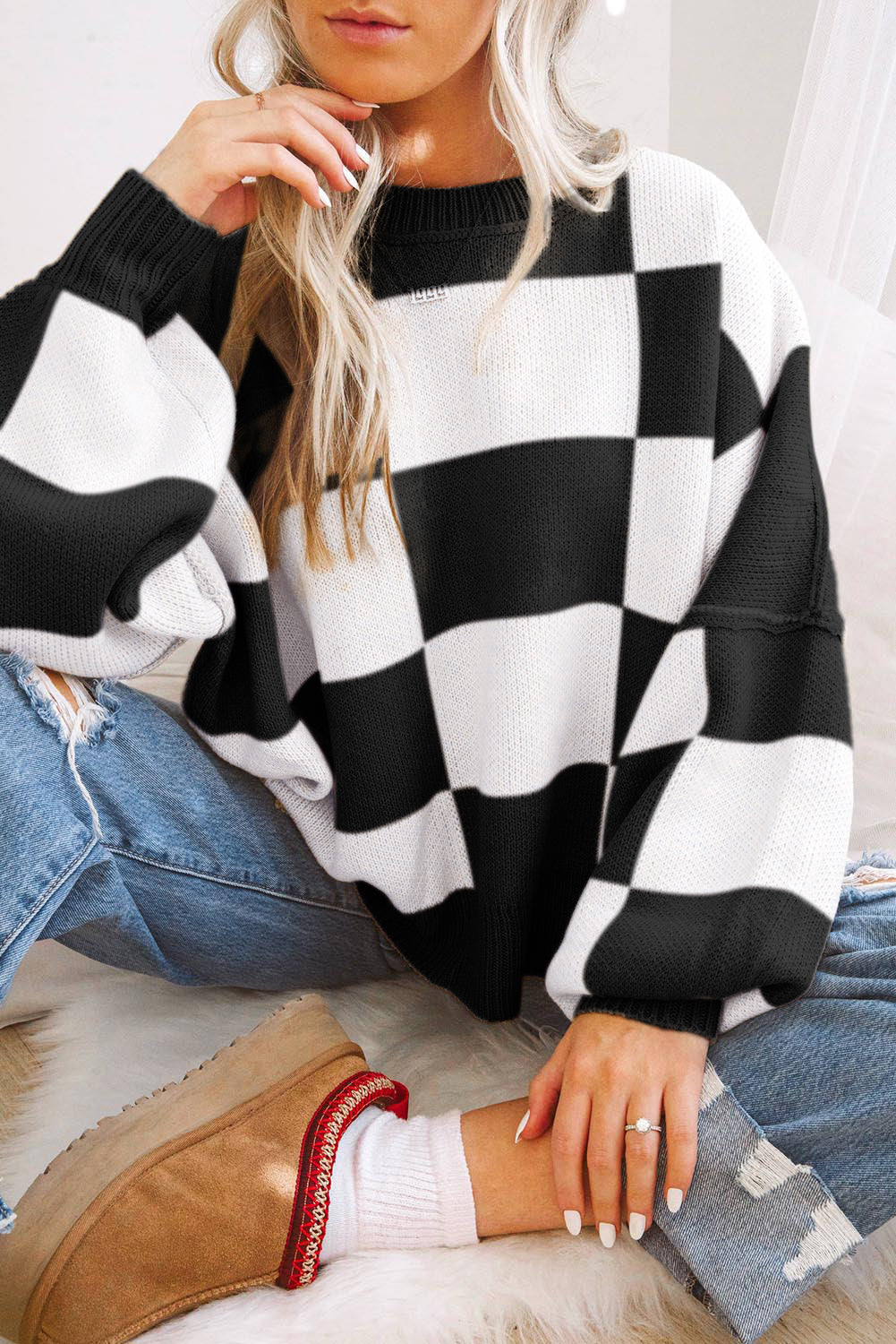 Fiery Red Checkered Bishop Sleeve Sweater