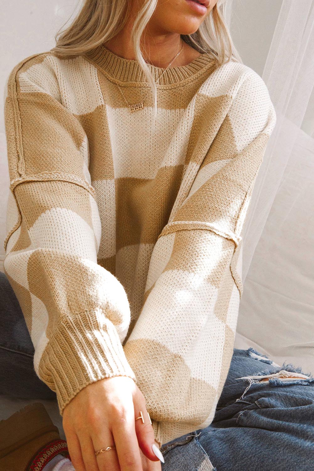 Fiery Red Checkered Bishop Sleeve Sweater