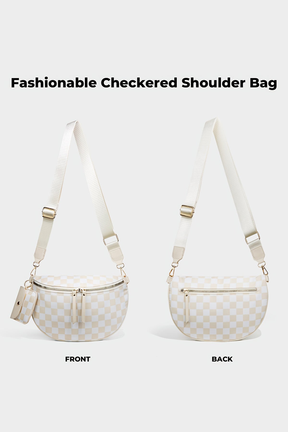 White Checkered Crescent Shoulder Bag with Detachable Pouch