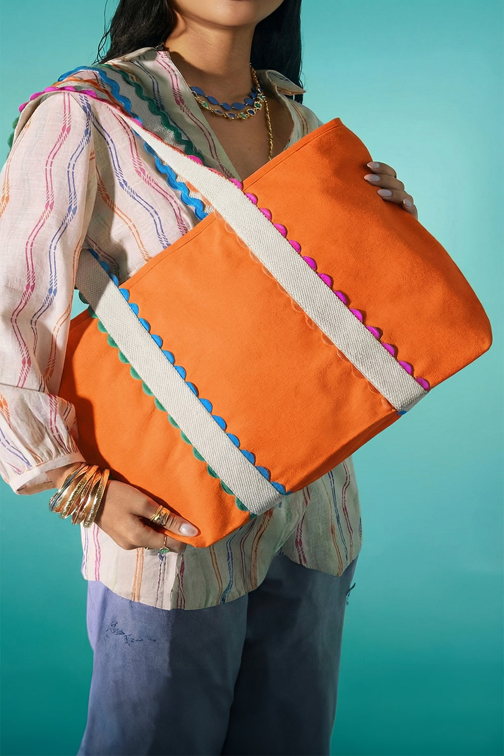 Orange Colorful Ricrac Detail Canvas Tote Bag