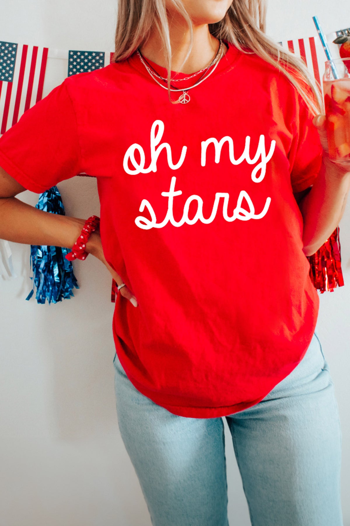 Red Oh My Stars Patriotic Slogan Graphic Tee