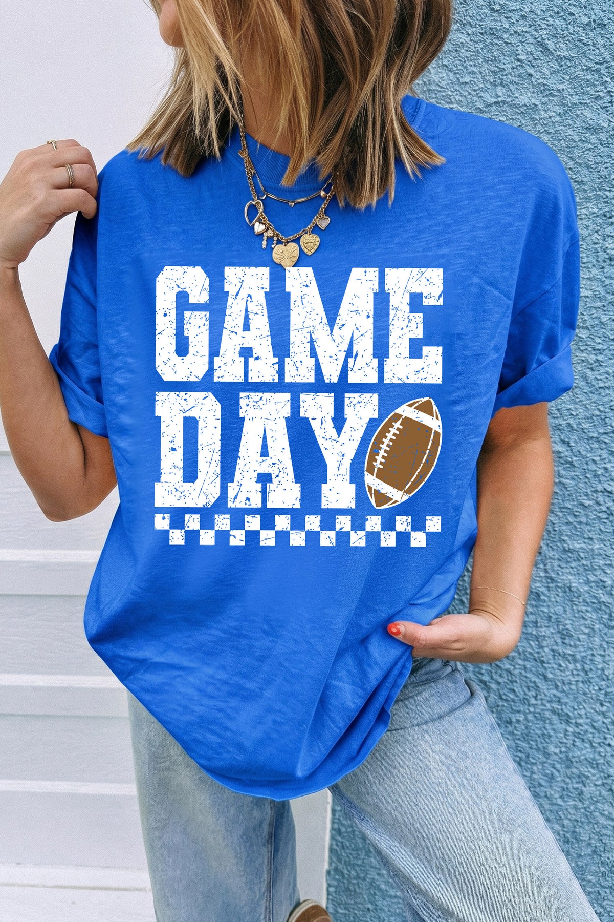 Dark Blue GAME DAY Checkered Print Football Graphic T Shirt