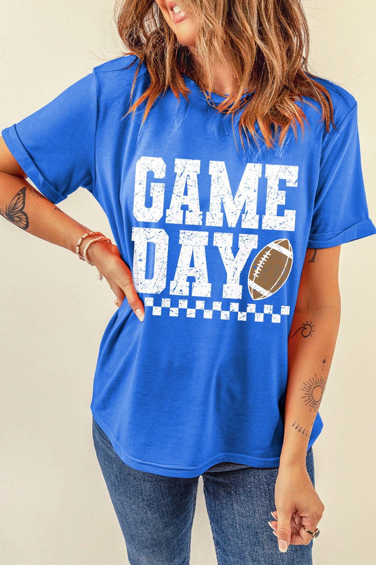 Dark Blue GAME DAY Checkered Print Football Graphic T Shirt